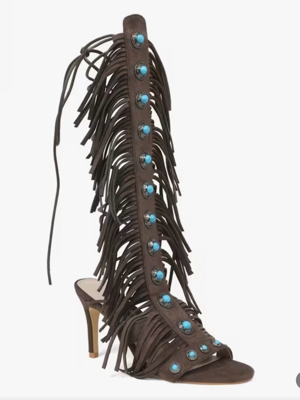 Fringe Gladiator Heels with Turquoise Buttons - Picture 2 of 3